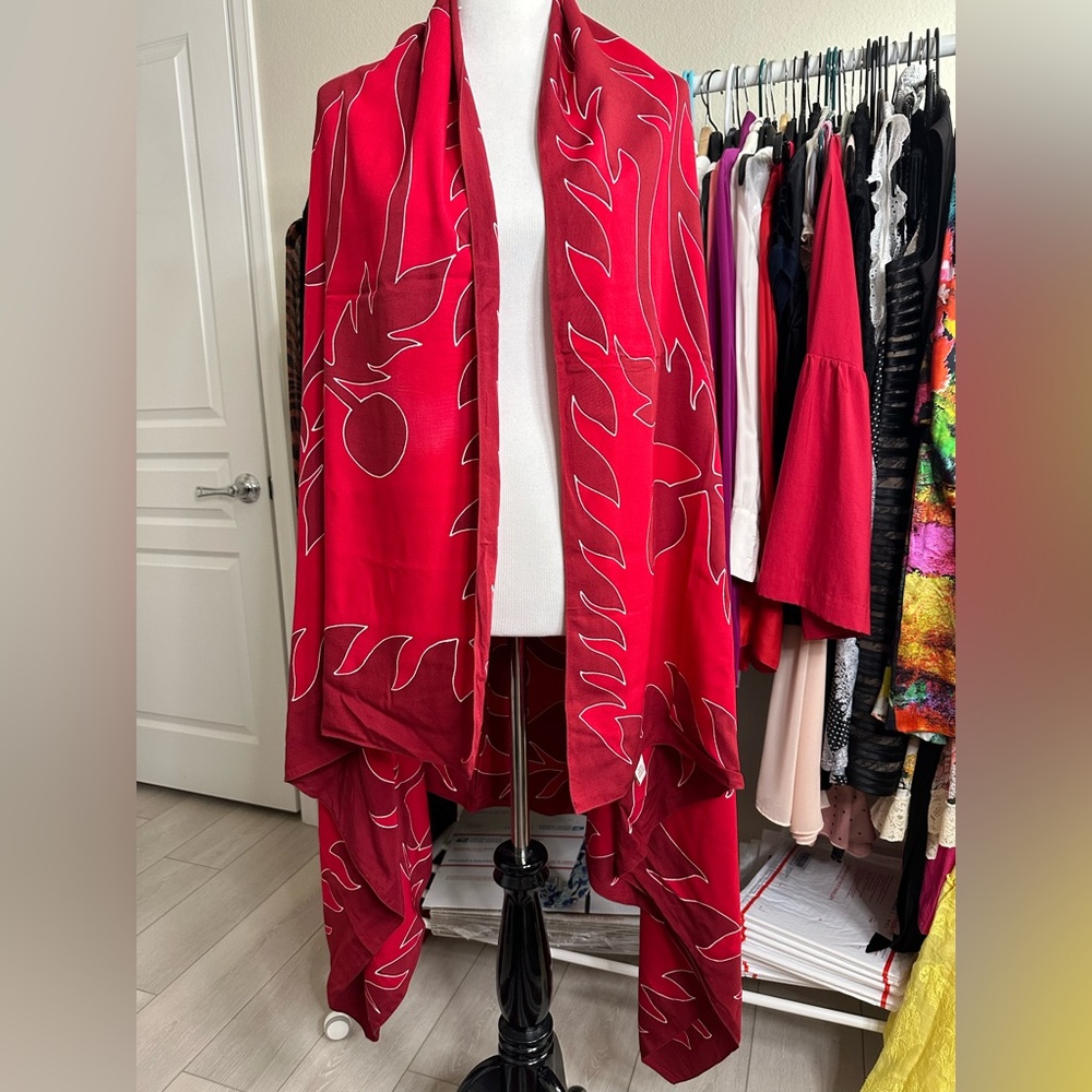 Hawaiian hand painted scarf bright red, large 74 x 45 inches, wrap, dress